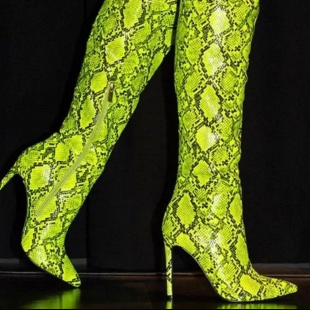 Thigh High Neon Green Snakeskin Stiletto Boots - Picture 2 of 5